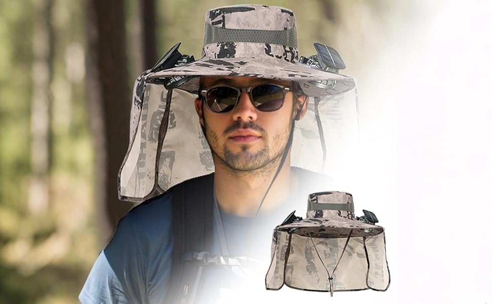 Outdoor Wide Brim Sun Hat with 2 Solar Fan - 2025 Sun Bucket Hat for Men Women, UPF 50+ Bucket Fishing Beach Hat Fan Built in