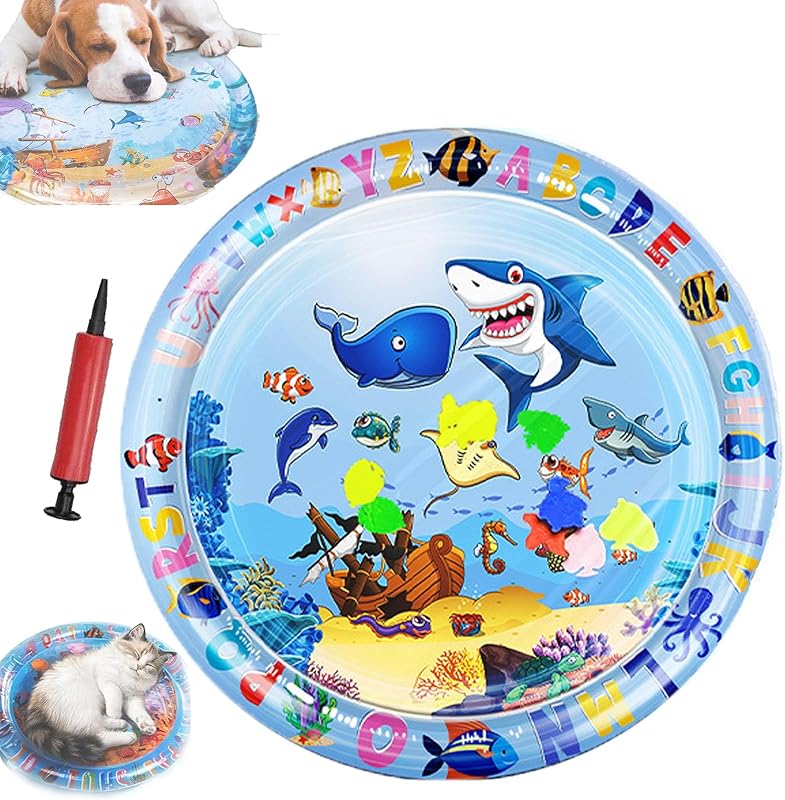 Pet Water Bed, Thickened Water Sensory Play Mat for Cats Dog, Waterbed Toy with Fish, Washable Inflatable Playmat, Puncture Proof Cooling Mat for Pet, Feel Cool Comfort (Large Round Model C)