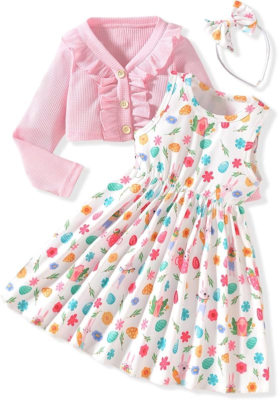 HINTINA Toddler Little Girls Dress And Cardigan Sets 2 Piece Floral Print Sleeveless Dress and Long Sleeve Cardigan Set