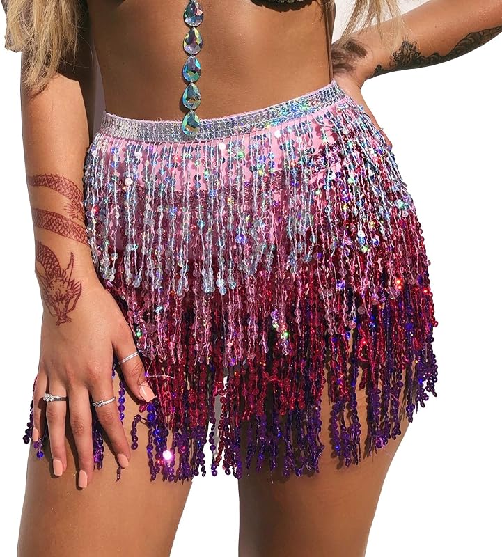 MUNAFIE Sequin Tassel Hip Scarf Sequin Tassel Skirts Rave Fringe Hip Scarf for Festival Belly Dance Skirt