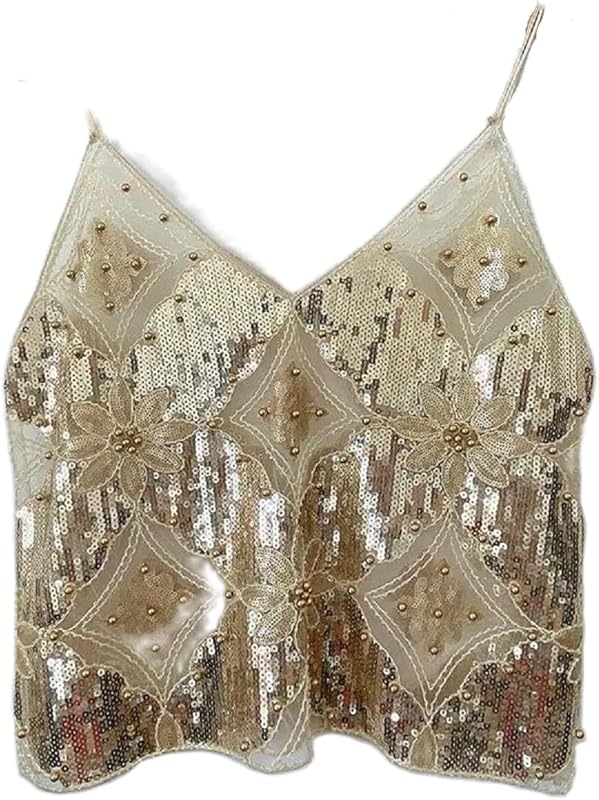 Women Y2K Sequin Cami Top Sexy Sparkly V Neck Tank Top Backless Glitter Crop Tops Floral Rhinestone Clubwear