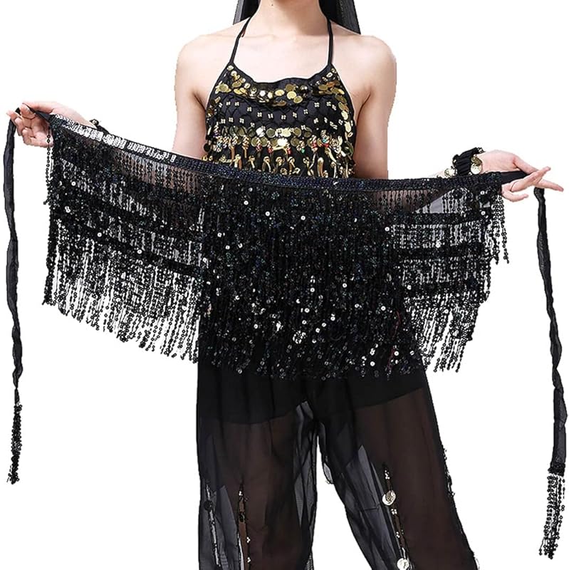 MUNAFIE Sequin Tassel Hip Scarf Sequin Tassel Skirts Rave Fringe Hip Scarf for Festival Belly Dance Skirt
