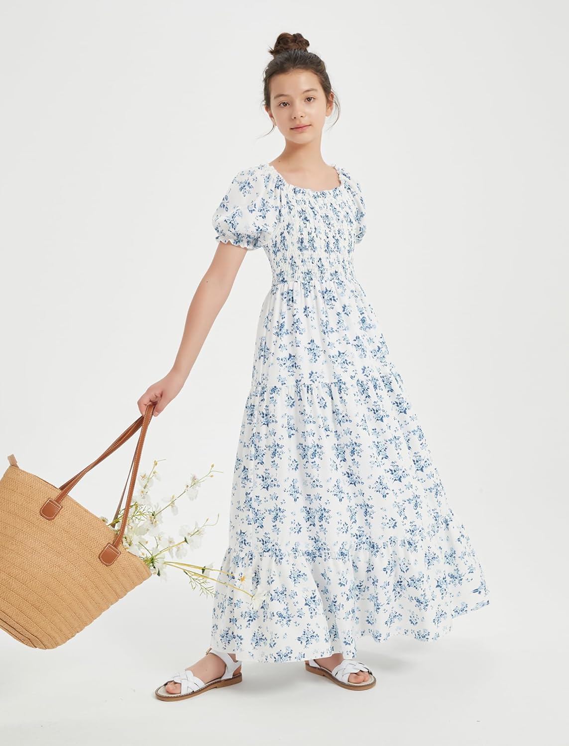 EXARUS Girls Maxi Long Smocked Dress Tween Swiss Dots Summer Square Neck Short Sleeve Casual A-line Dresses for 6-12Y