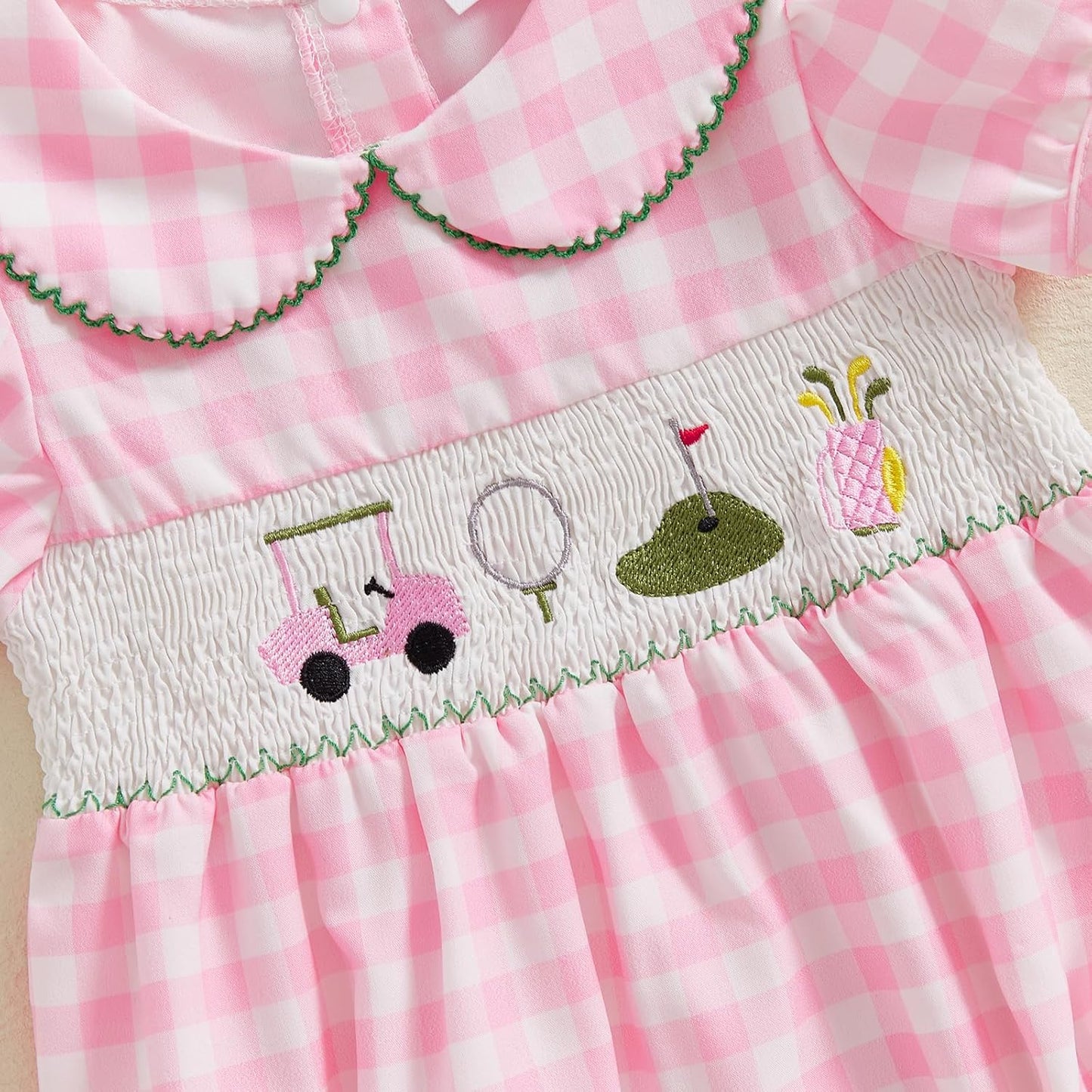 Newborn Baby Girl Golf Outfit Summer Doll Collar Bubble Short Sleeve Golfing Theme Embroidery Smocked Plaid Romper Bodysuit