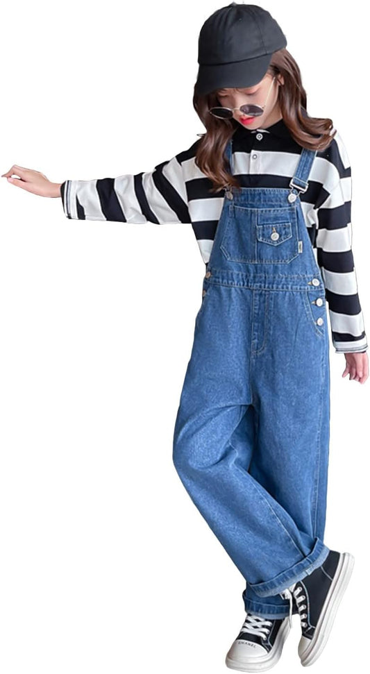 Rolanko Girls Overalls Denim Bib Distressed Jumpsuit Kids Blue Baggy Jean Pants 4-14 Years with Pockets