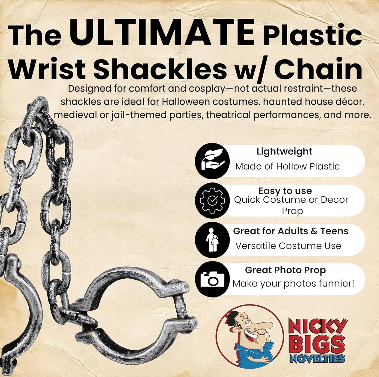Nicky Bigs Novelties Plastic Shackles with Chain 34.5" Fake Handcuffs Prop for Prisoner Ghost Dungeon Halloween Costume Haunted House Decor Lightweight Adult Accessory