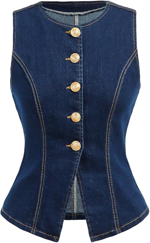 MakeMeChic Women's Denim Vest Top Summer Button Down Sleeveless Jean Jacket Crew Neck Waistcoat