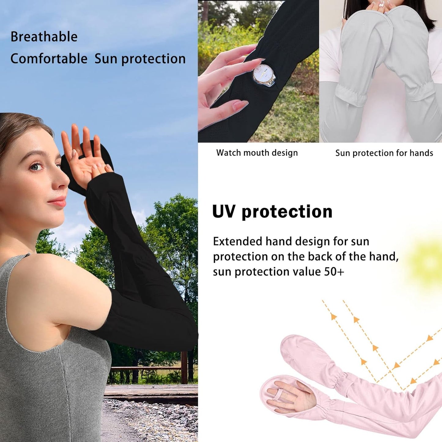 Driving Fingerless Sun Sleeves, Adjustable Arm Sleeve with Gloves, UV Protection Cooling Arm Cover for Gardening