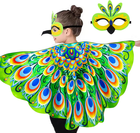 iROLEWIN Toddler Peacock-Bird-Costume for Kids Dress-Up Wings 3D Bird Mask Feathered Cape as Animal Jungle Party Toys Gifts