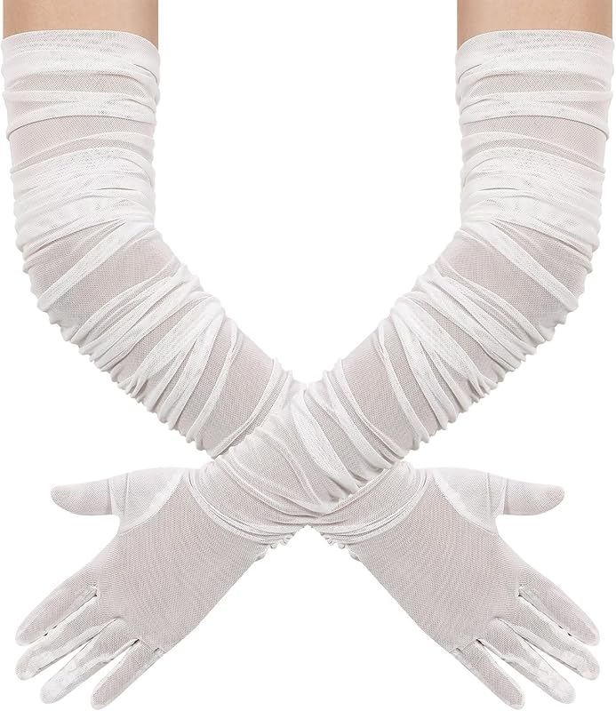 Hazhlko Women's Super Long Stretchy Ruched Mesh Tulle Sheer Gloves Costume Opera Party 1920's Dance Gloves