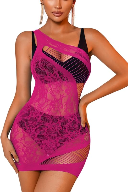 Lace Mini Dress Lingerie, Fit 0-16 Exotic Stripper Outfit for Women, Sexy Floral Mesh See Sheer Through Plus Size