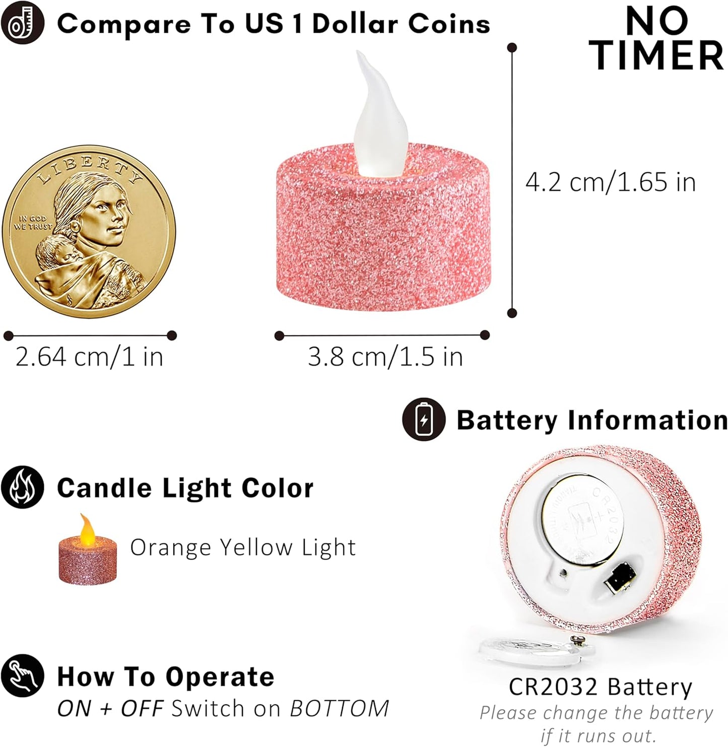 FURORA LIGHTING Pink Glitter LED Tealight Candles Pack of 12, Flameless Flickering Tealight Candles for Home Décor, 1.5’’(W) x 1.65’’(H), Battery Operated
