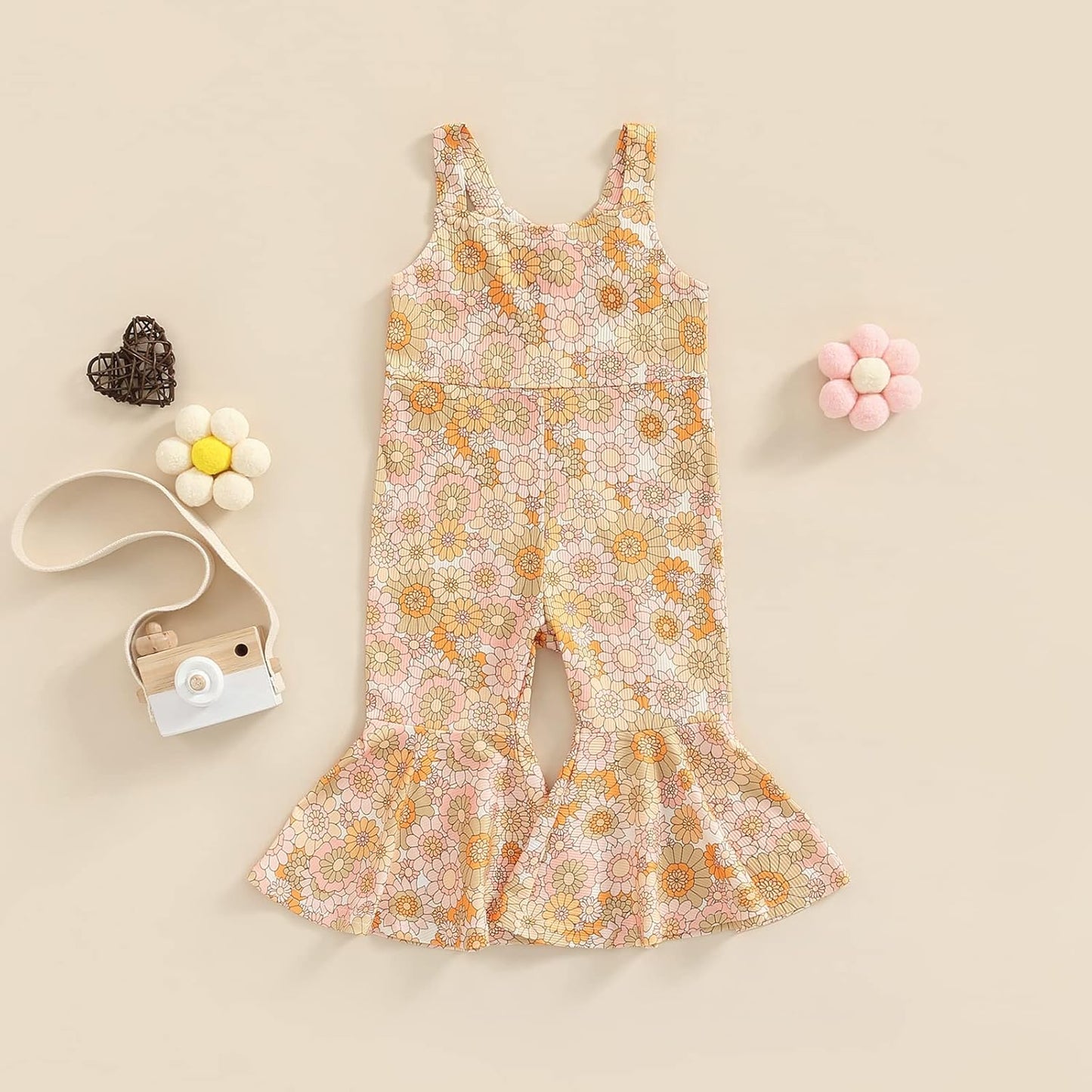 Emmababy Baby Girl Bell Bottoms Romper Toddler Floral Overalls Suspender Flare Pants Sleeveless Strap Jumpsuit Fall Clothes