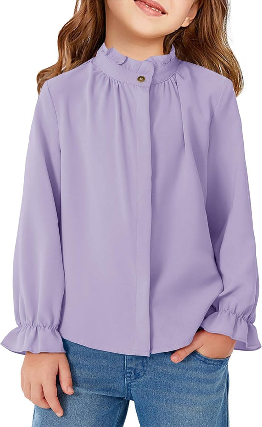 Haloumoning Girls Ruffle Long Sleeve Blouse Kids Button Down Uniform Dress Shirts 5-14 Years