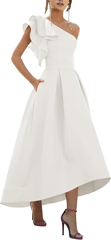 One Shoulder Satin Mother of Bride Dresses 2025 High-Low Ruffle Formal Evening Party Gowns