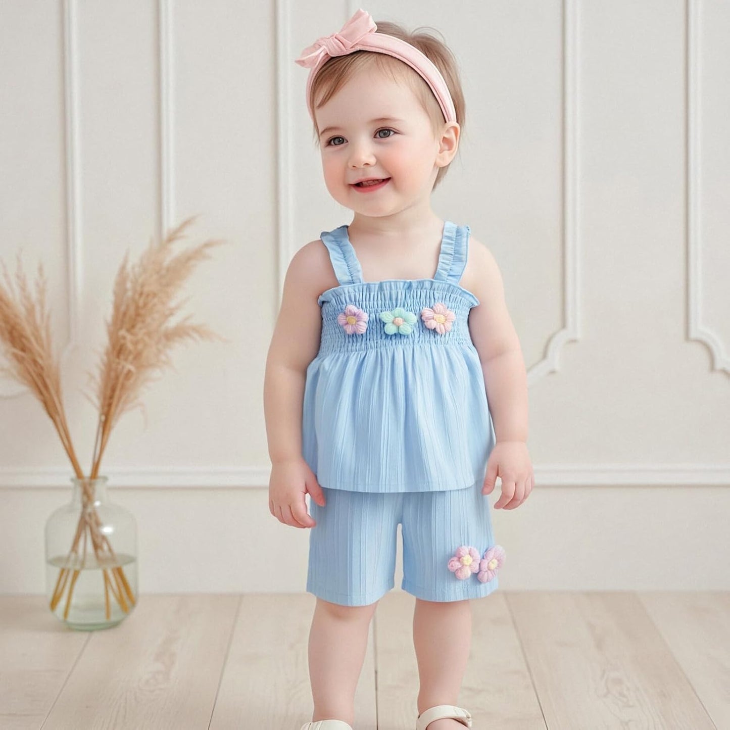 Toddler Baby Girl Summer Outfit 3D Flower Embroidery Smocked Sleeveless Tops Elastic Waist Shorts 2Pcs Clothes Set