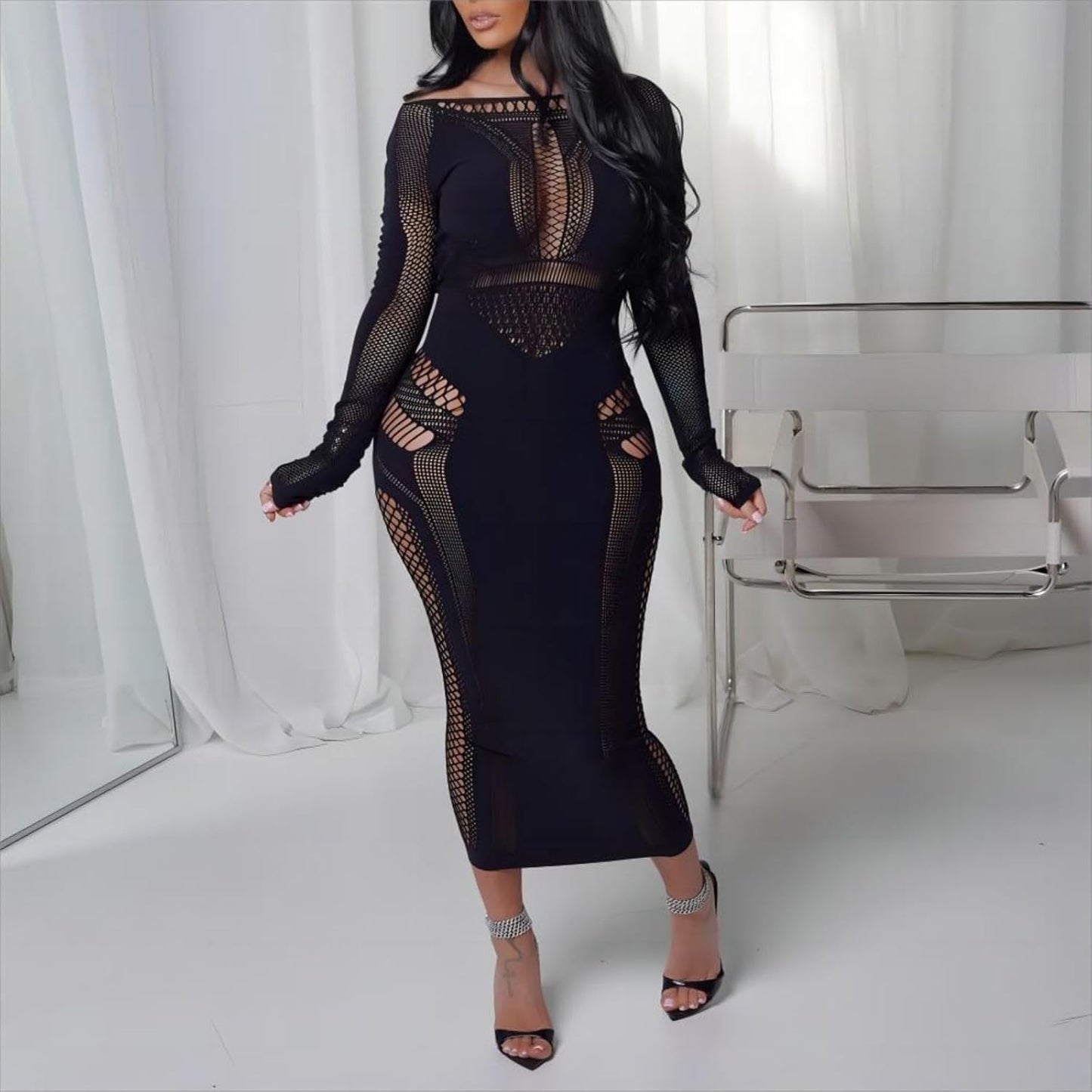 Women's Sexy Hollow Out Long Sleeves See Through Club One Piece Mesh Bodycon Maxi Dress
