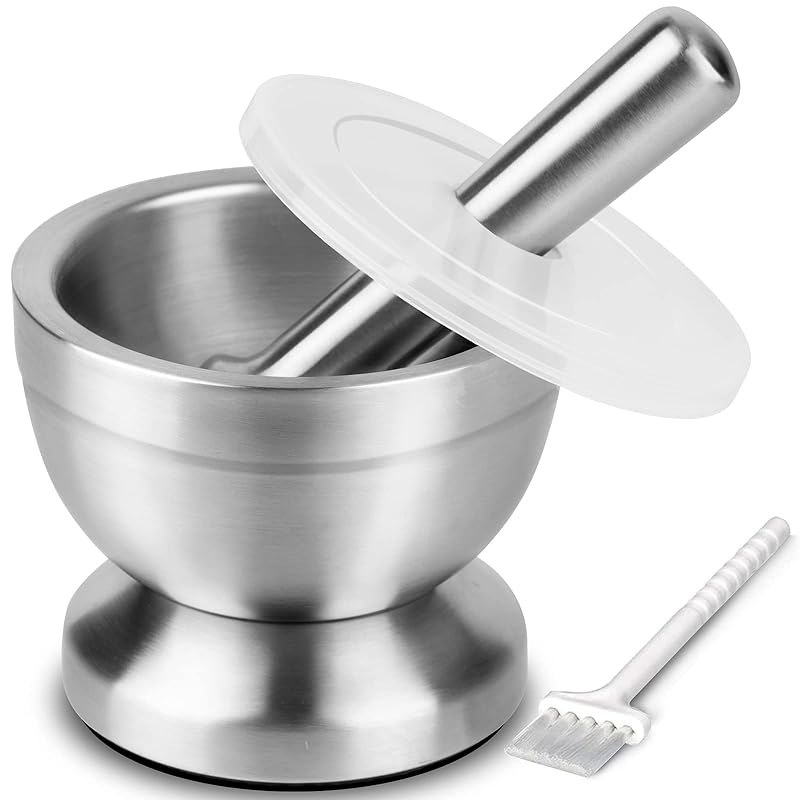 Tera 18/8 Stainless Steel Mortar and Pestle with Brush,Pill Crusher,Spice Grinder,Herb Bowl,Pesto Powder