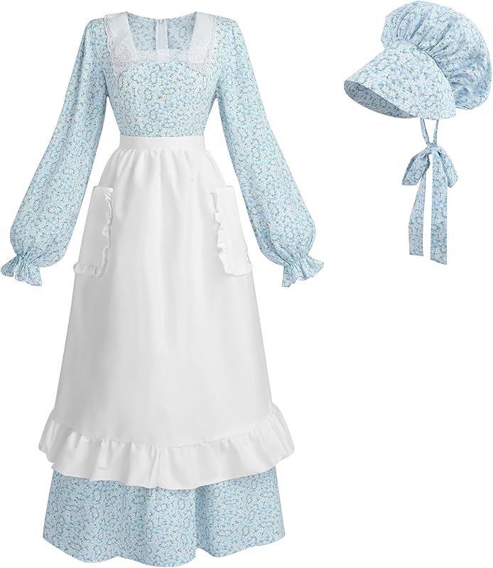 NSPSTT Prairie Dress Women Pioneer Colonial Costume Floral Dresses 3pcs Set