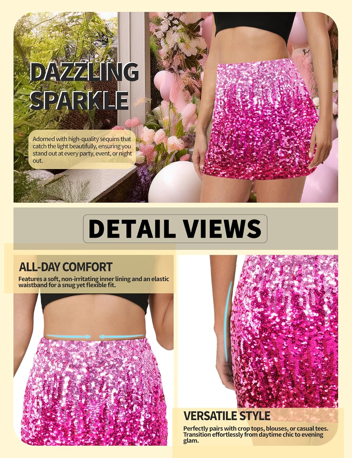 Maner Women's Sequin Skirt Sparkle Stretchy Bodycon Mini Skirts Night Out Party
