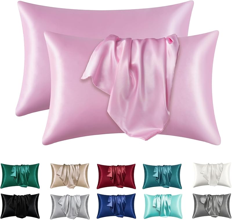 Satin Silk Pillowcases for Skin and Hair,Set of 2 Satin Pillow Cases for Women with Envelope Closure,Soft Breathable Smooth Cooling Silk Pillow Covers for Gifts，Solid Black，Queen (20" x 30")