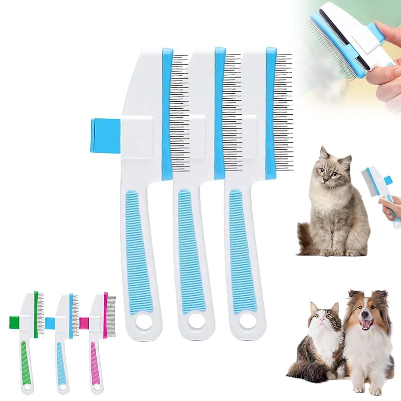 Pet Hair Removal Comb Flea Comb, Cat Brush with Release Button, Cat Grooming Brushes for Indoor Cats Shedding, Cleaning Shedding Pet Hair Remover for Dogs Cats Pet Grooming Brush Tool (Blue, 1PC)
