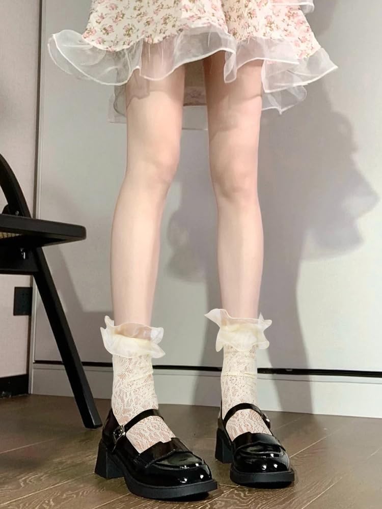 Benefeet Sox Fishnet Knee High Socks with Ruffles for Women Girls Kawaii Cute Fancy Frilly Lace Knee High Stockings with Bow