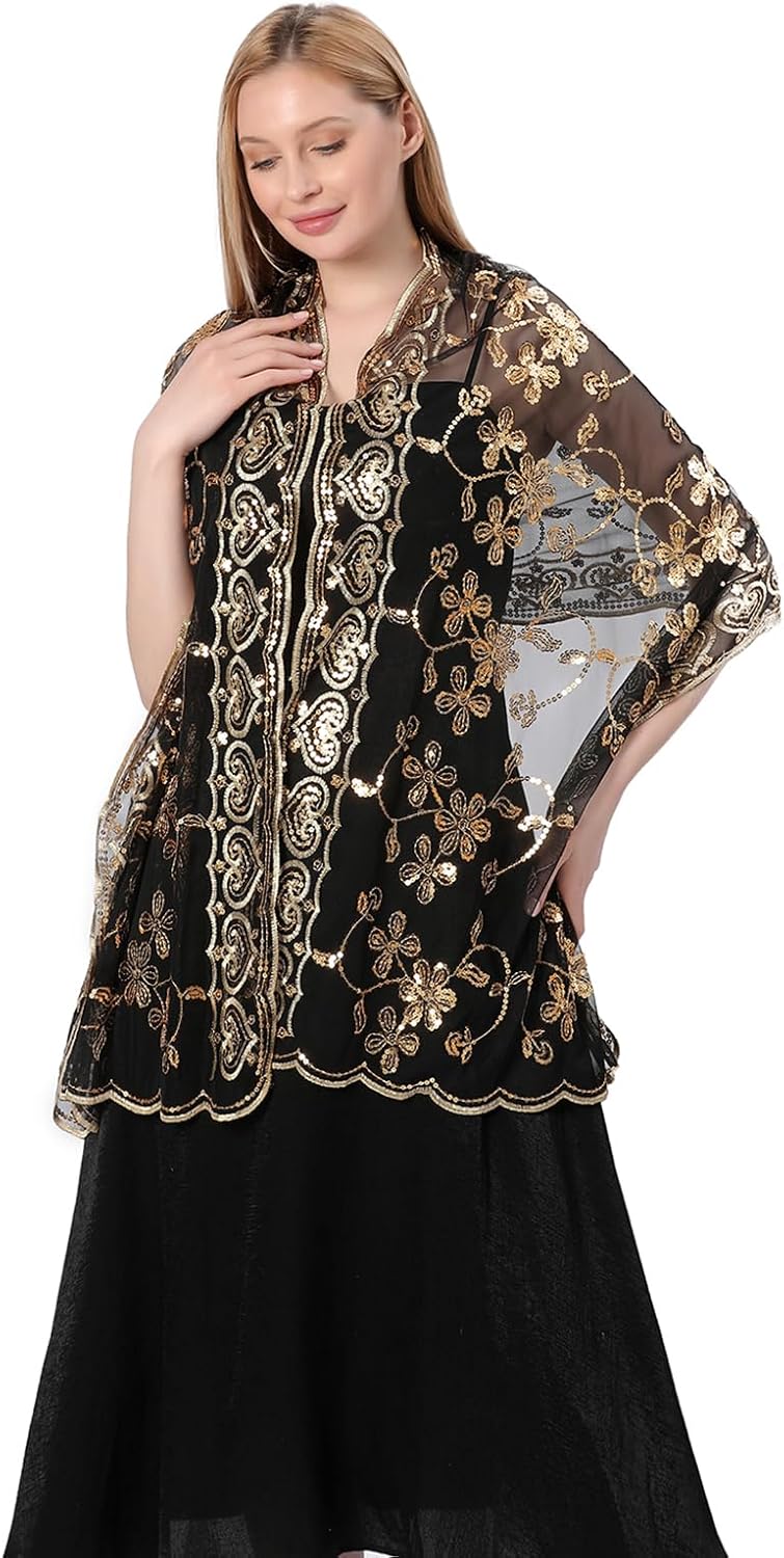 Shawls and Wraps for Evening Dresses,Women Formal 1920s Sequin Flower Sheer Shawls and Wraps for Wedding-