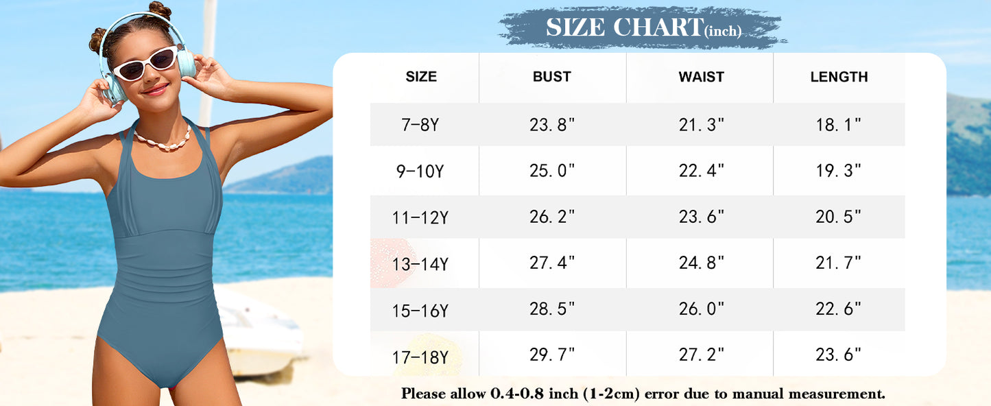 Girls Swimsuit Halter Neck One Piece Bathing Suit with Tropical Printed Cover Up Skirt Girls' Swimwear Set 7-18Y