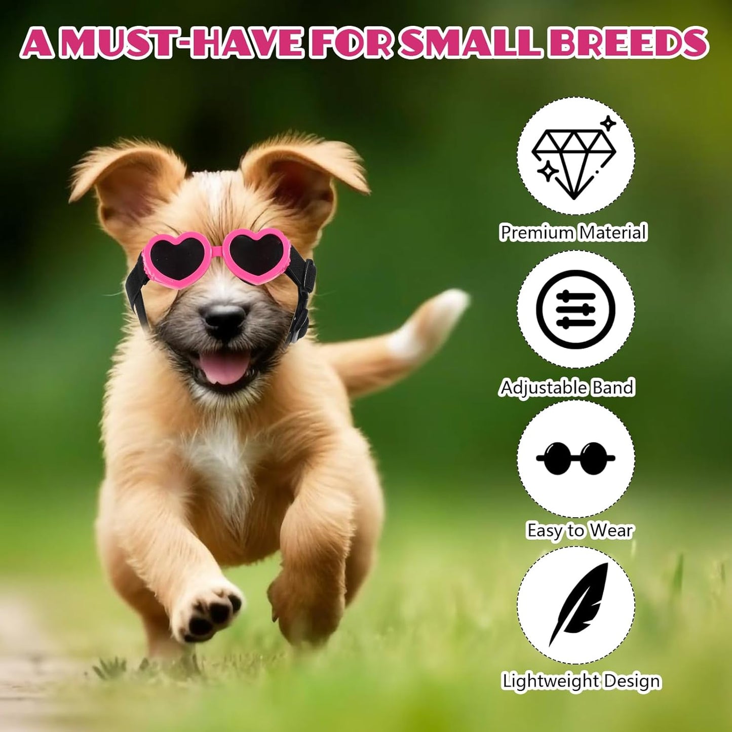 Small Dog Sunglasses UV Protection Goggles Eye Wear with Adjustable Strap, Heart Shape Anti Fog Windproof Glasses Pink Pet Sunglasses for Outdoor Activities and Photo Props