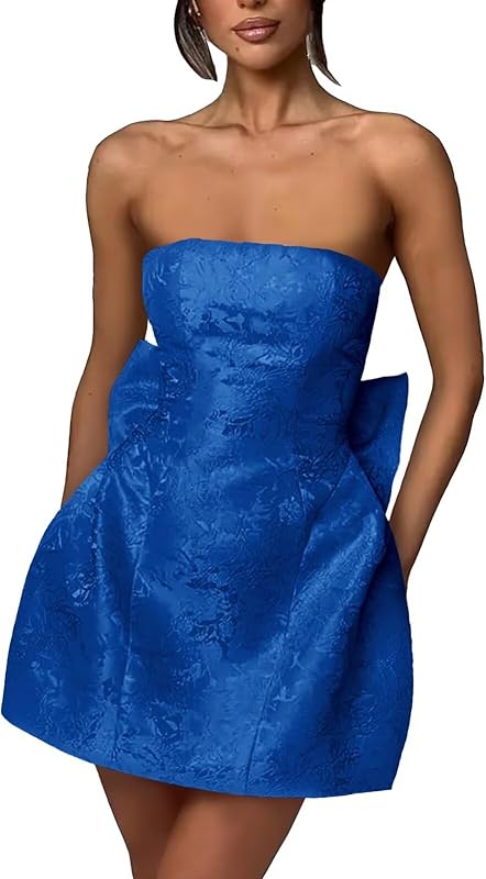 Xijun Short Jacquard Satin Homecoming Dresses for Teens Strapless Embroidery Mini Prom Cocktail Party Gown with Bow