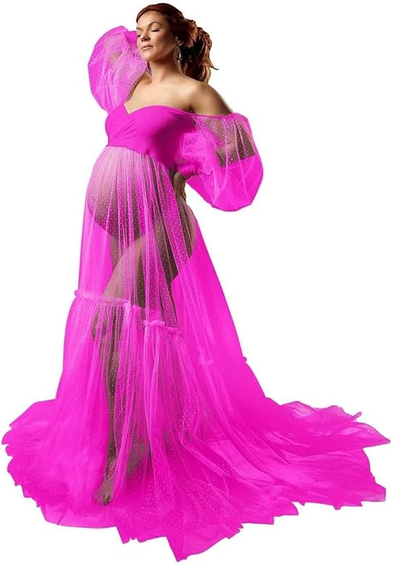 Off Shoulder Tulle Maternity Dress for Photoshoot Puffy Sleeve Wedding Bridal Pregnancy Robe Baby Shower Photography