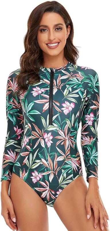 ABAFIP Women's Long Sleeve Rash Guard Bathing Suit Zip up One Piece Swimsuits Modest Surfing Swimwear - TrendyLookz