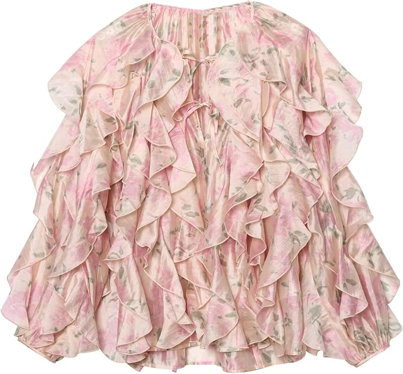 HangNiFang Ruffled Multi-Layered Summer Blouse for Women Trendy Semi See Through V-Neck Long Sleeve Button Chiffon Shirt Tops