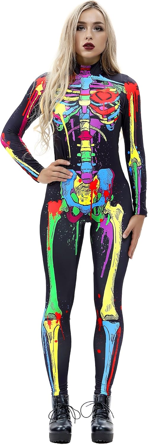 JJEUWE Women's Skeleton Halloween Bodysuit Costume Stretch Skinny Catsuit Jumpsuit