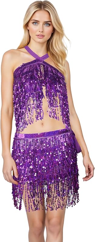 Sequin Skirts for Women (Waist/Bust Under 31.5"), Sparkly Skirts for Girls 2 Piece Set, Tassel Skirt for Kids, 2Pack
