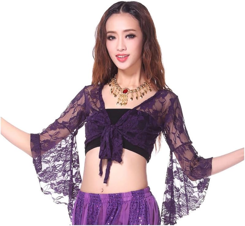 Women Belly Dance 3/4 Flared Sleeve Wrap Top, Knot Bandage Floral Shawl Crop for Dancewear, Lace Butterfly Tribal Yoga Costume Accessories for Women Girls