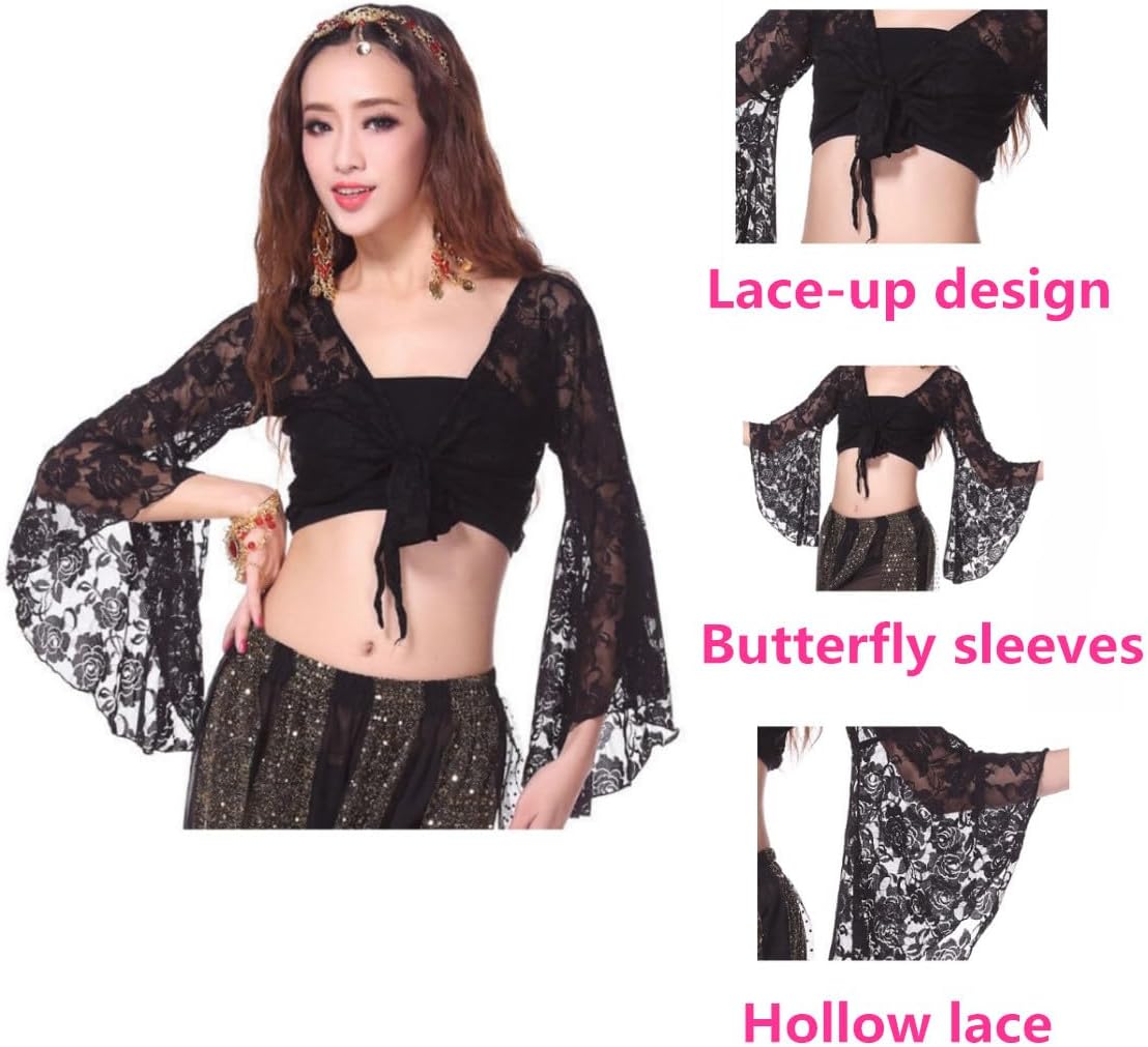 Women Belly Dance 3/4 Flared Sleeve Wrap Top, Knot Bandage Floral Shawl Crop for Dancewear, Lace Butterfly Tribal Yoga Costume Accessories for Women Girls