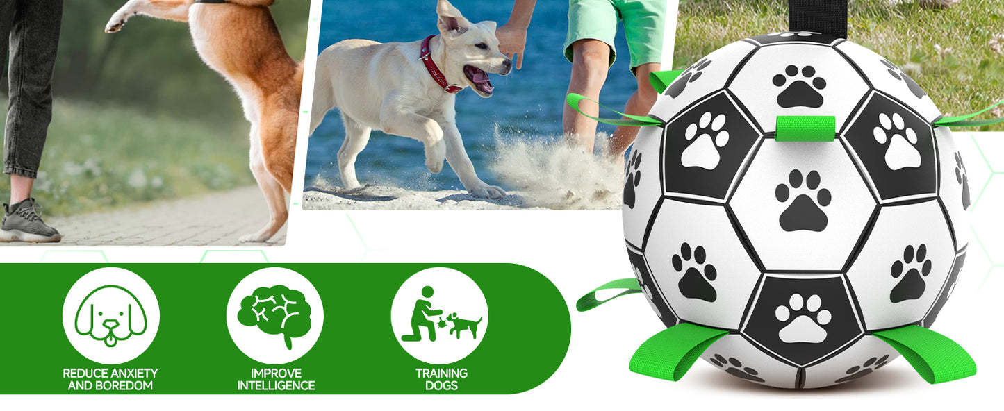 QDAN Dog Toys Balls, Dog Soccer Ball with Straps, Dog Birthday Gifts, Herding Ball, Durable Dogs Balls for Small Medium Pet, Puppy Outdoor Water Toy, World Cup Soccer (6 Inch)
