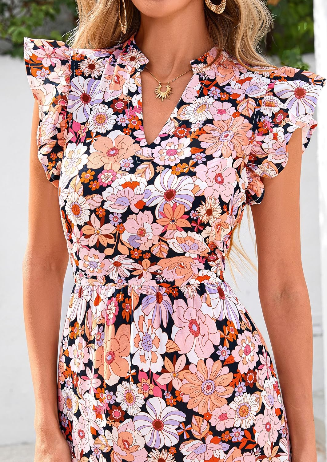 PRETTYGARDEN Women's 2025 Summer Floral Midi Dress Cap Sleeve V Neck Ruffle Long Flowy Boho Casual Beach Vacation Dresses