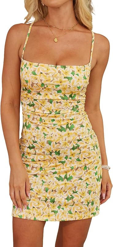 Women Floral Mini Dress Bohemian Spaghetti Strap Sleeveless Bodycon A-Line Dress Short Cami Swing Dress Clubwear Y2K