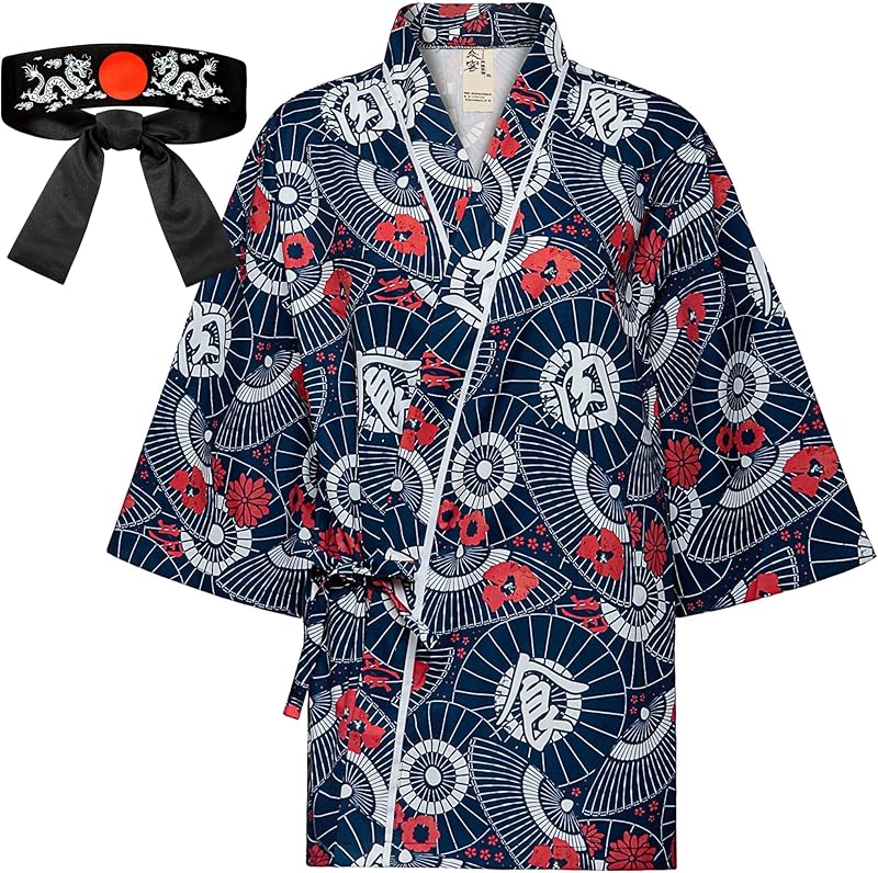Japanese Sushi Restaurant Chef Coat Uniforms, 3/4 Sleeve Kimono Floral Workwear Jacket Dragon Black Headband XL