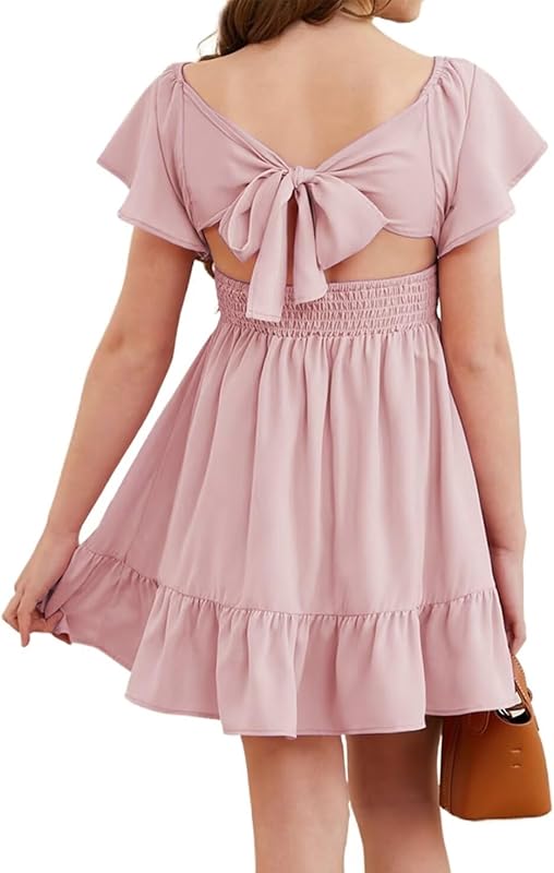 Girls Elegant Ruffle Short Sleeve Back Tie Dresses 6-13 Years Old