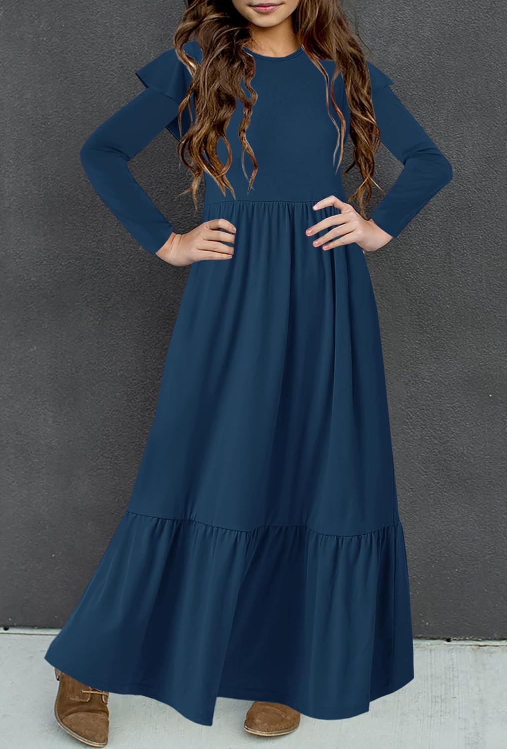 HOSIKA Girls Fall Ruffle Long Sleeve Crew Neck Loose Casual Flowy Tiered Maxi Dress with Pockets for 6-12 Y