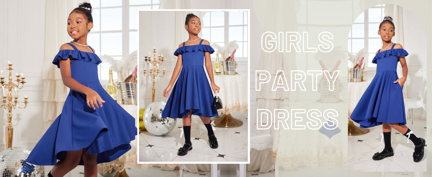 Arshiner Girls Summer Dress Off Shoulder Children's Dress Ruffle Sleeves Elegant Strap Dress Children A Line Swing Dress High Low Dress Casual Dresses with Pocket 4-13Years