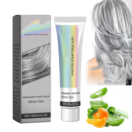 2 in 1 Natural Essence Extract Silver Hair Dye, Silver Metallic Hair Dye, Silver Gray Natural Hair Dye Cream, Fashion Silver Gray Hair Dye Permanent, for All Hair Types (Silver, 1Pcs)