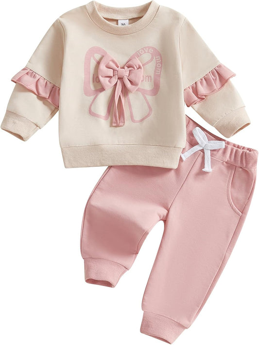 Mubineo Toddler Baby Girl Clothes Bowknot Sweatshirt Outfits Fall Winter Long Sleeve Tops Pant Outfit Sweatsuit Set