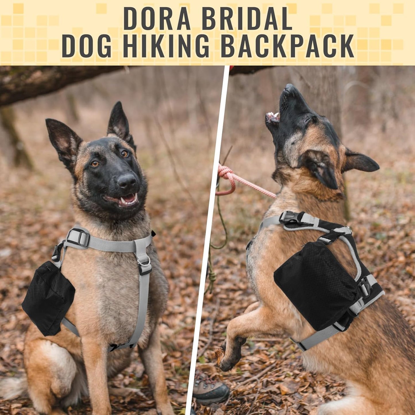 DORA BRIDAL Dog Backpack for Medium & Large Dogs, Dog Backpack Harness, Dogs Hiking Backpack with Side Pockets, Outdoors Pet Saddle for German Shepherd, Labrador (Black, Large)