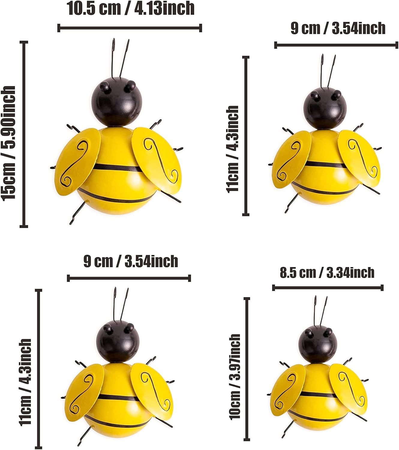 Yungeln Metal Wall Art, 4PCS Metal Bumble Bee Wall Decor, 3D Iron Bee Art Sculpture Hanging Wall Decorations for Outdoor Home Garden