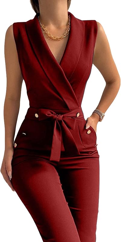Women's Elegant Jumpsuits V Neck Sleeveless Straight Belted Long Pants Business Suits Set with Pockets
